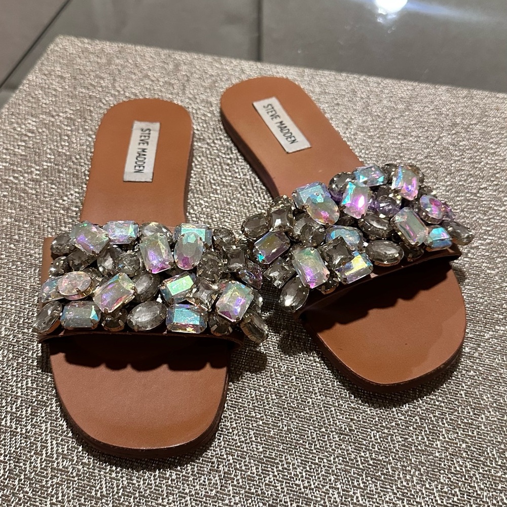 Steve Madden Brown Slide Sandals with Iridescent Crystal Embellishments
